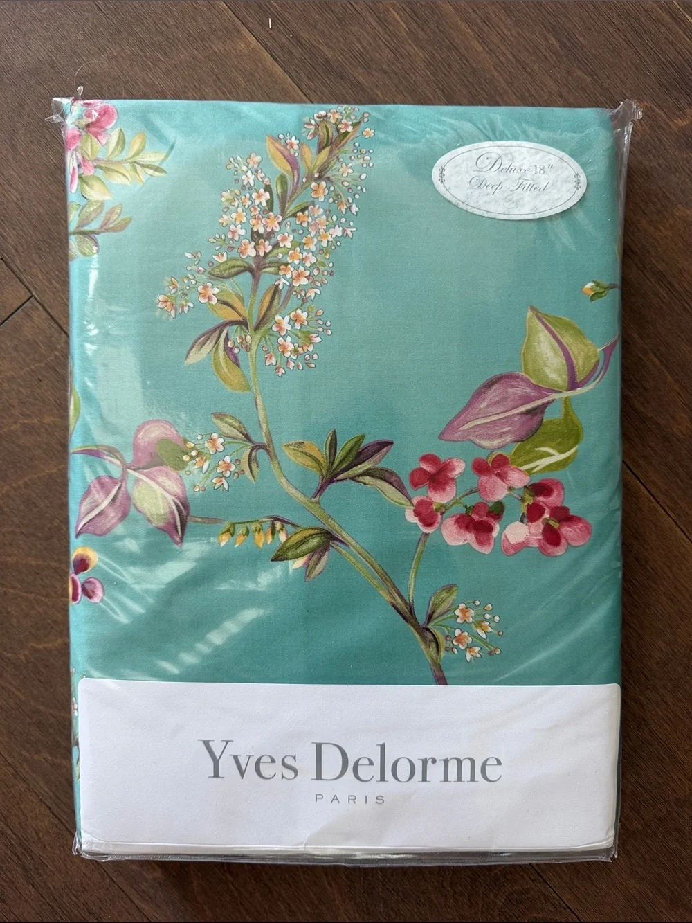 Yves Delorme Un Jour Une Histoire California King Teal Floral Sheet NIP